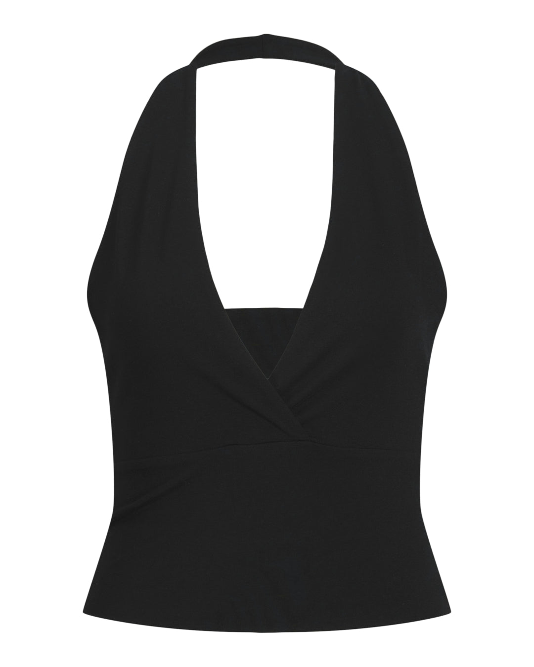 Sort halterneck-top med dyb V-udskæring, båret uden synlige detaljer eller mønstre, mod en ensfarvet baggrund, fremstillet af glat stof med let elastisk udseende.