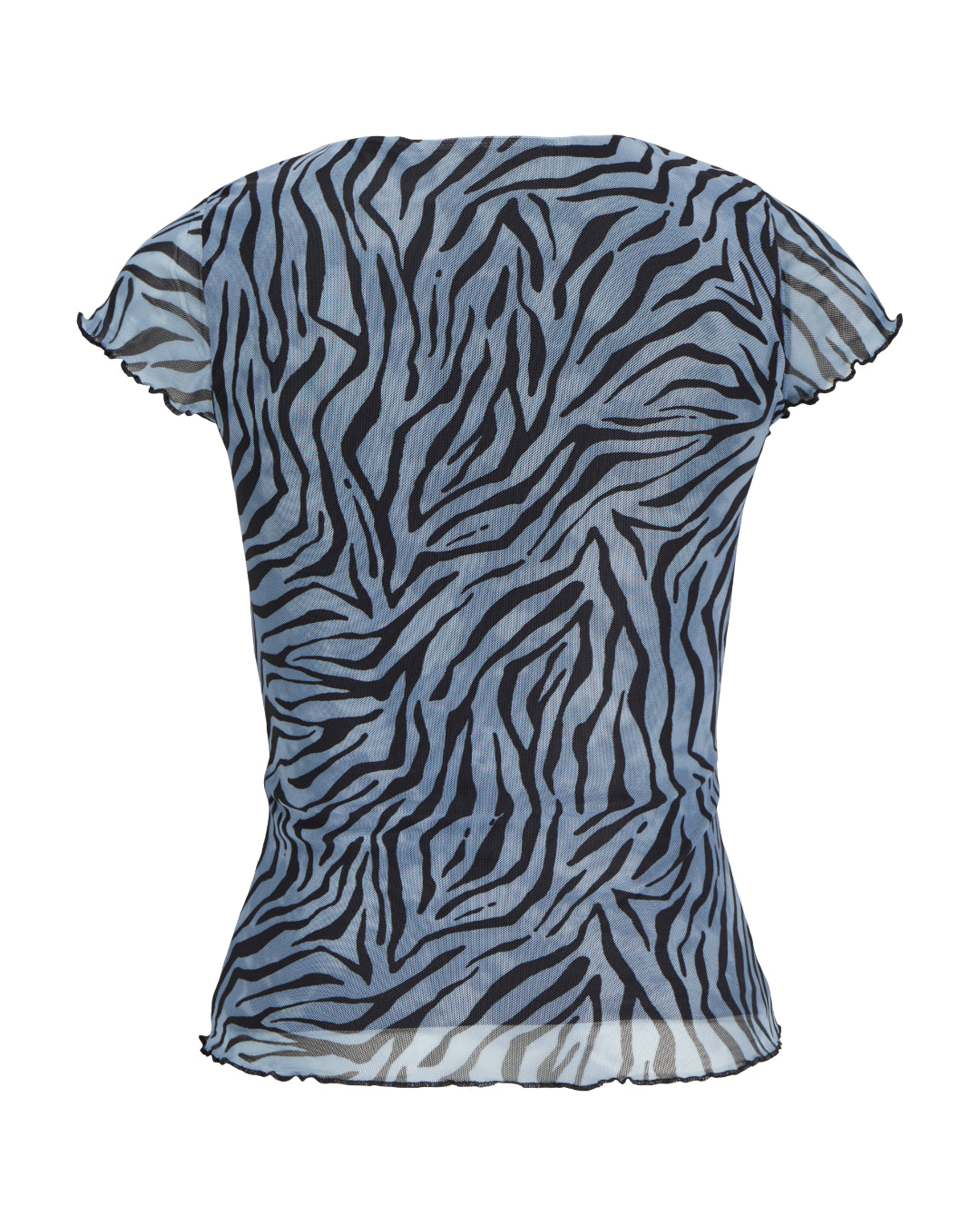 Bluse med zebra-lignende mønster i sort og lyseblå farver, kortærmet og let gennemsigtig. Baggrunden er neutral hvid.