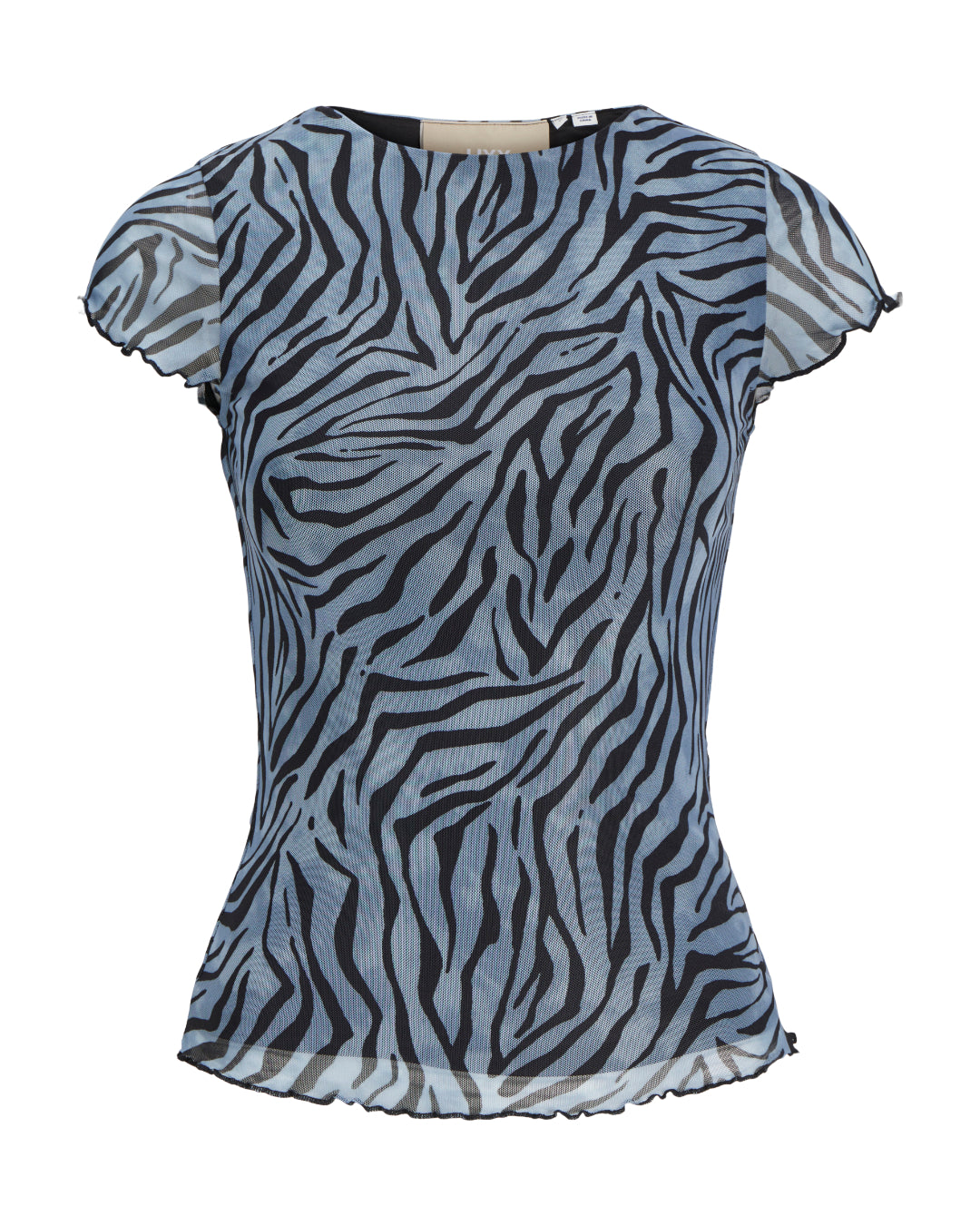 Bluse med zebrastribet design, uden ærmer, på hvid baggrund.