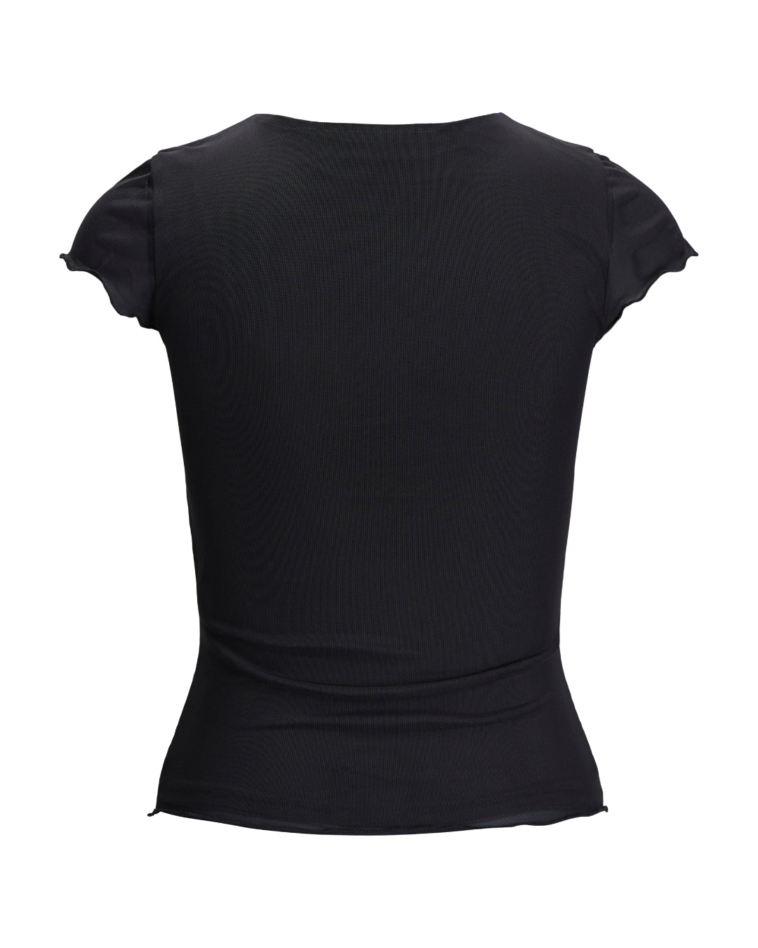 Sort T-shirt hænger ubrugt, placeret mod en hvid baggrund, med korte ærmer og en tæt pasform.