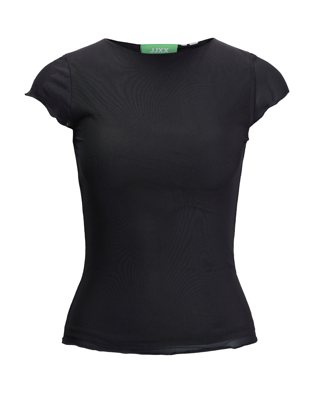 Sort bluse hænger stille mod en hvid baggrund. Den har korte ærmer og en slim fit pasform. En etikette med teksten "JJXX" ses ved halsudskæringen.