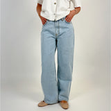 En person står iført lyseblå jeans og en hvid skjorte med korte ærmer og knapper. Personen har hænderne i lommerne i et neutralt miljø. Ingen tekst er til stede.