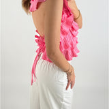 Modelbillede af pink RHINA top. Set bagfra. Fra BySofieSønderby