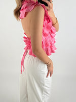 Modelbillede af pink RHINA top. Set bagfra. Fra BySofieSønderby