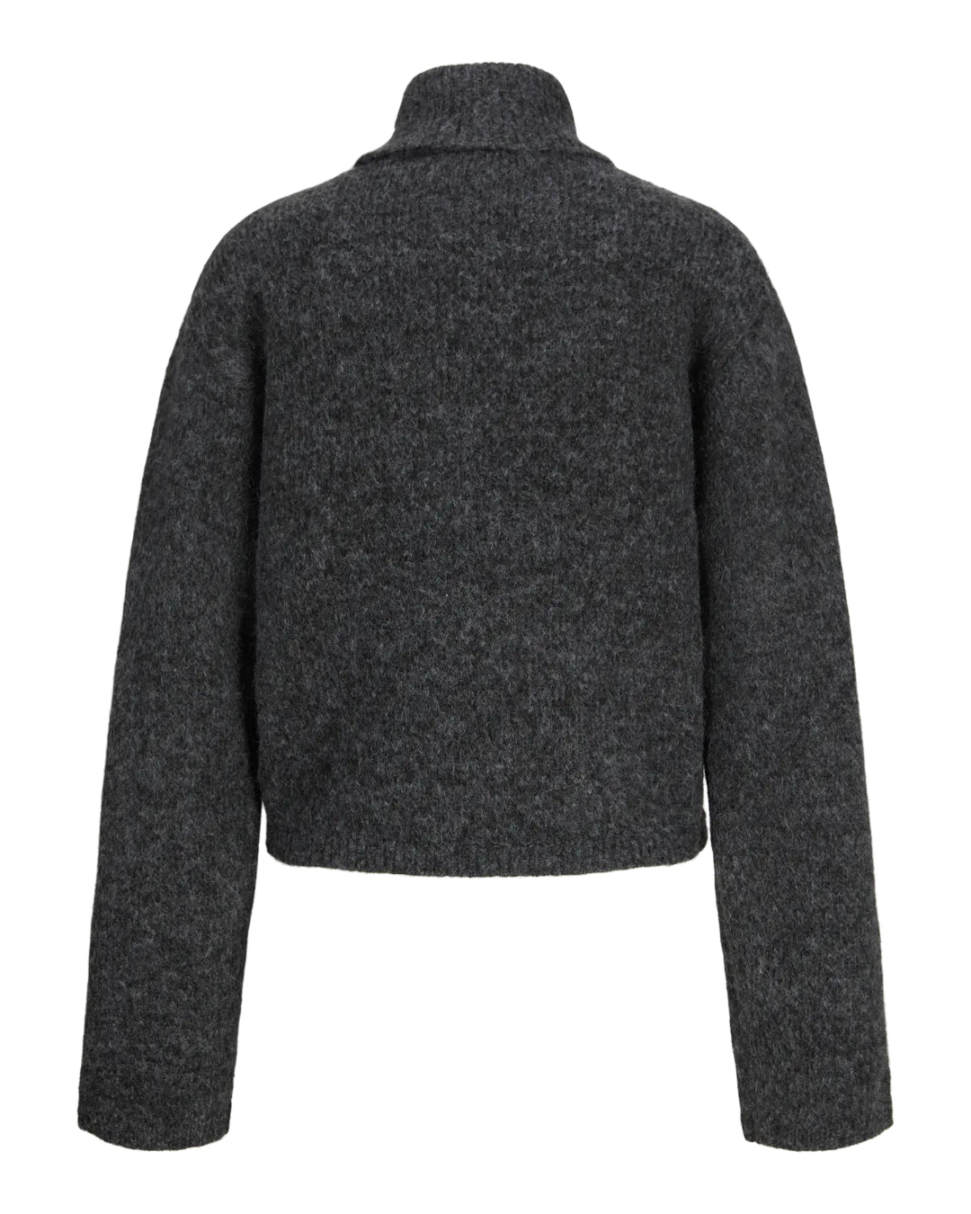 Produktbillede af grå ROSANNA striktrøje med rullekrave, set bagfra. Fra BySofieSønderby.