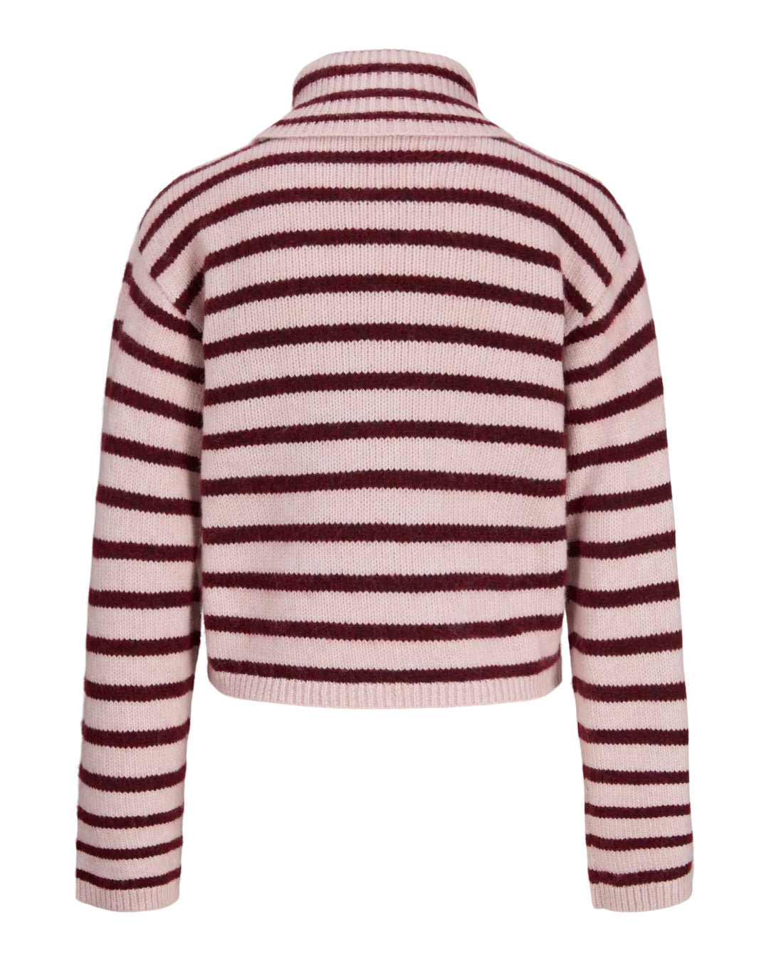 Produktbillede af rødstribet ROSANNA striktrøje med rullekrave, set bagfra. Fra BySofieSønderby.