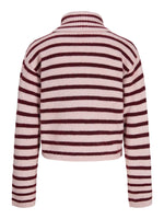 Produktbillede af rødstribet ROSANNA striktrøje med rullekrave, set bagfra. Fra BySofieSønderby.