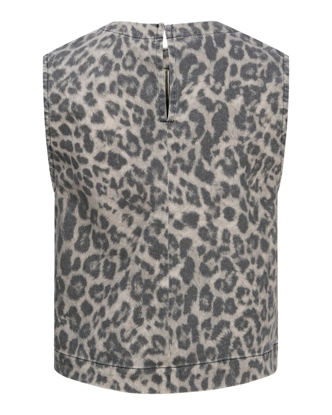 Grå leopardmønstret top uden ærmer har en lodret slids med lukning øverst på ryggen. Den enkle og stilfulde silhuet skaber et moderne look.