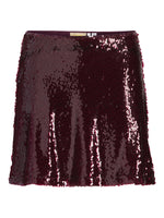 Produktbillede af bordeaux SIA nederdel med pailletter. Set forfra. Fra BySofieSønderby.
