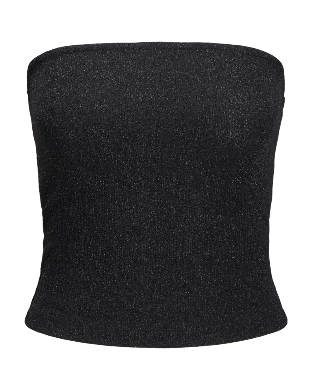 Sort tubetop i skinnende materiale vises isoleret mod en hvid baggrund.