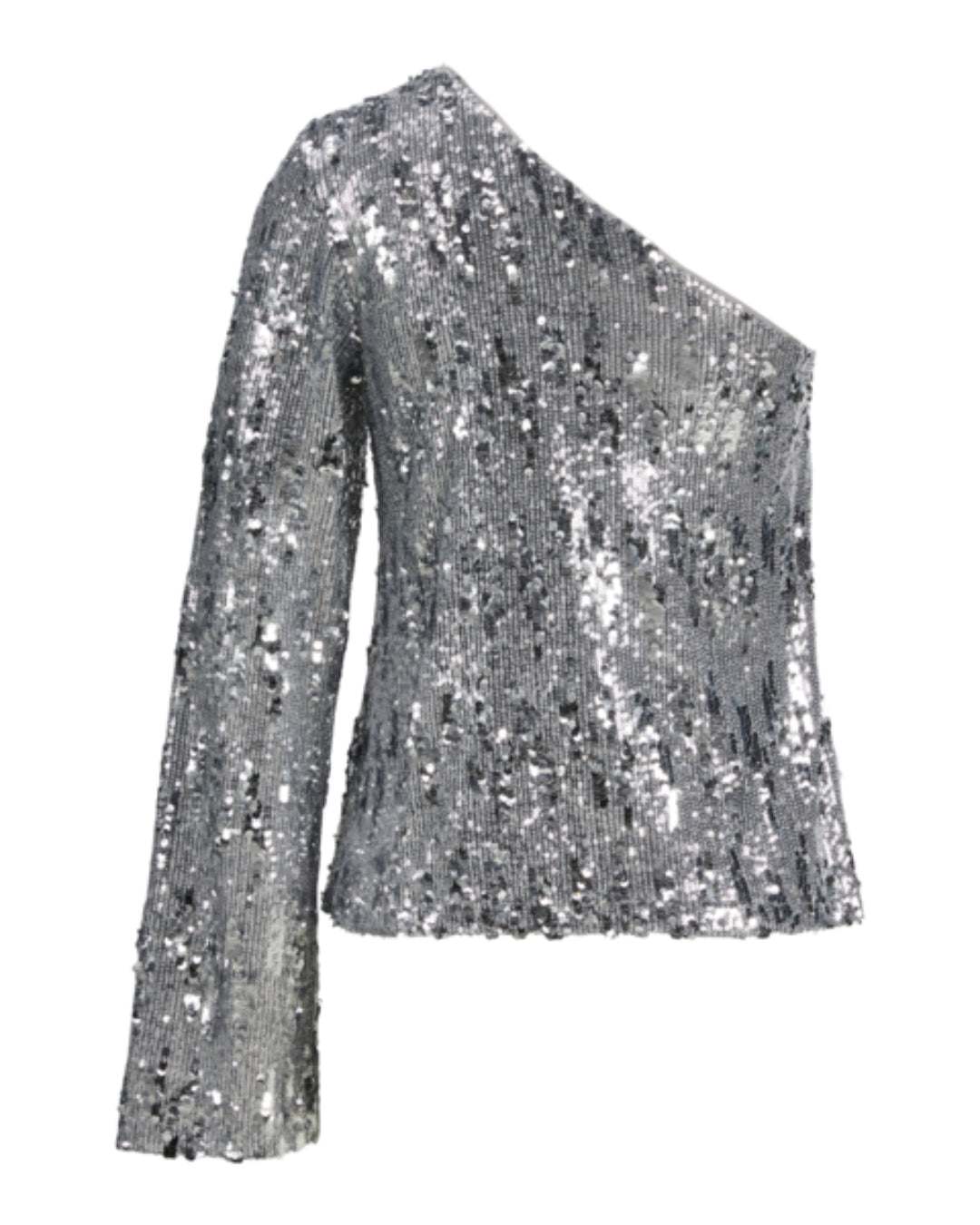 En sølvfarvet pallietbluse med én lang ærme og asymmetrisk one-shoulder design skinner i stærkt lys, sat mod en hvid baggrund.