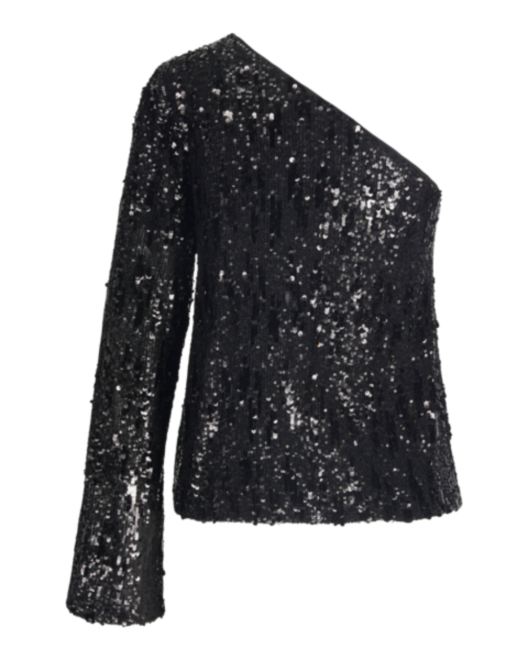 Sort, asymmetrisk bluse prydet med skinnende pailletter; en langærmet side og en skulder fri. Blusen er elegant og velegnet til festlige lejligheder. Baggrunden er hvid.
