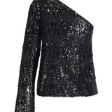 Sort, asymmetrisk bluse prydet med skinnende pailletter; en langærmet side og en skulder fri. Blusen er elegant og velegnet til festlige lejligheder. Baggrunden er hvid.