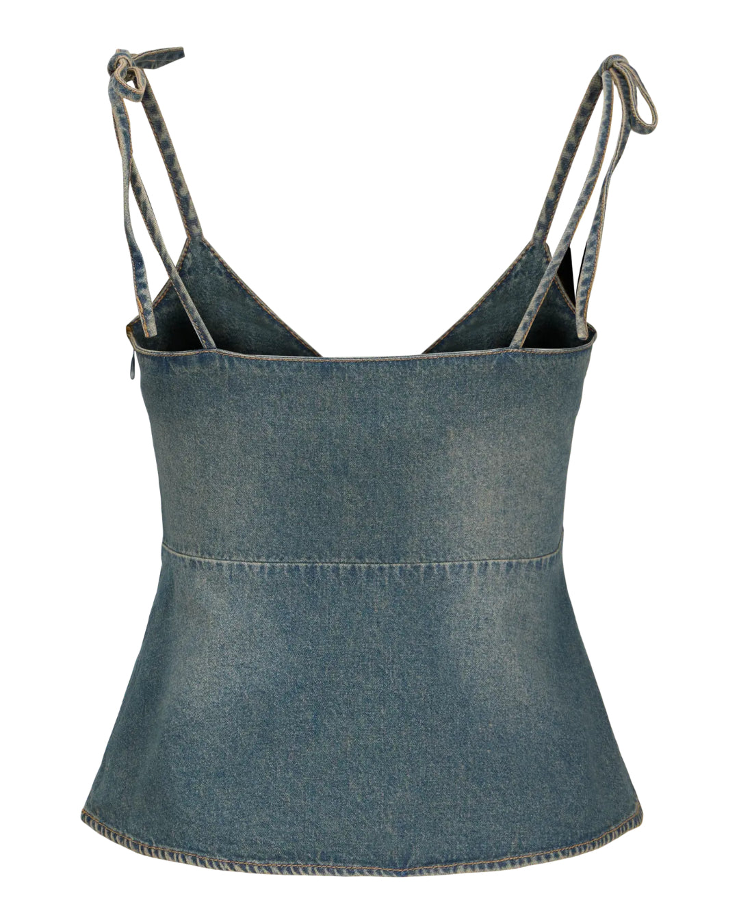 En denim-top med tynde stropper, der er bundet i knuder ved skuldrene. Toppen har enkle syninger og fremstår i et lysblåt dongeristof.
